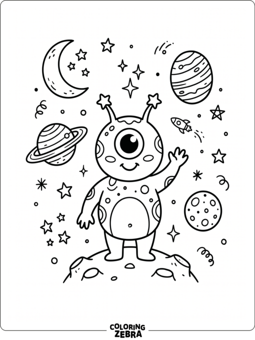 A cute alien doodle with planets and stars