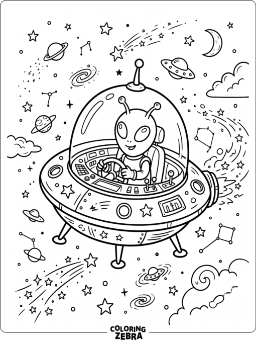 An alien driving a UFO through space