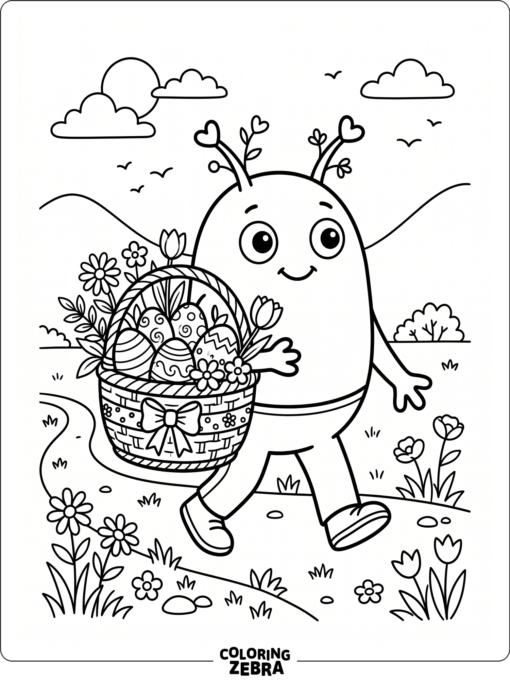 An alien carrying an egg basket with flowers