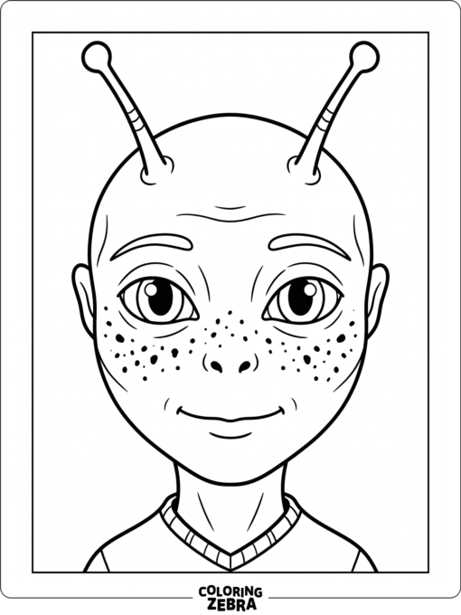 A calm alien face with freckles and antennae