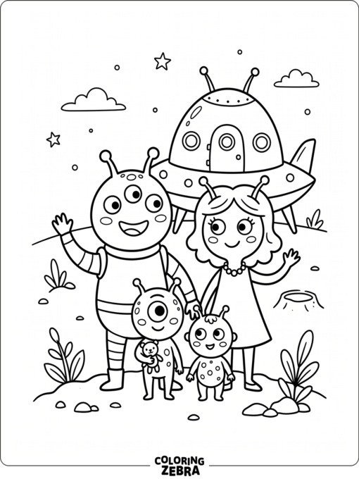 An alien family standing together near a spaceship