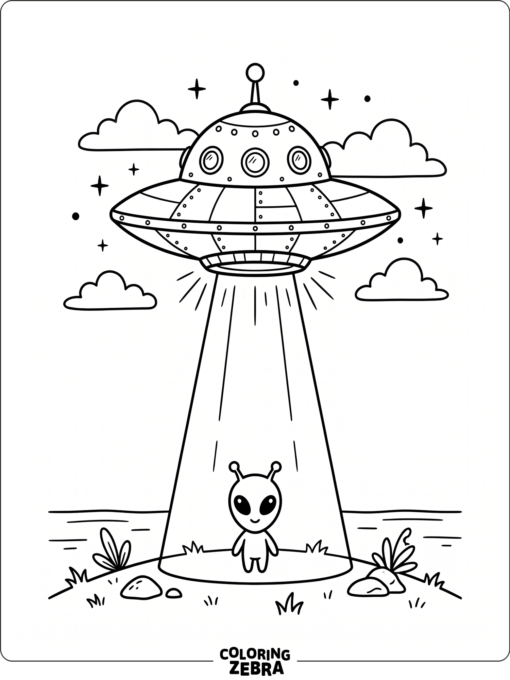 A flying saucer shining a beam on the ground