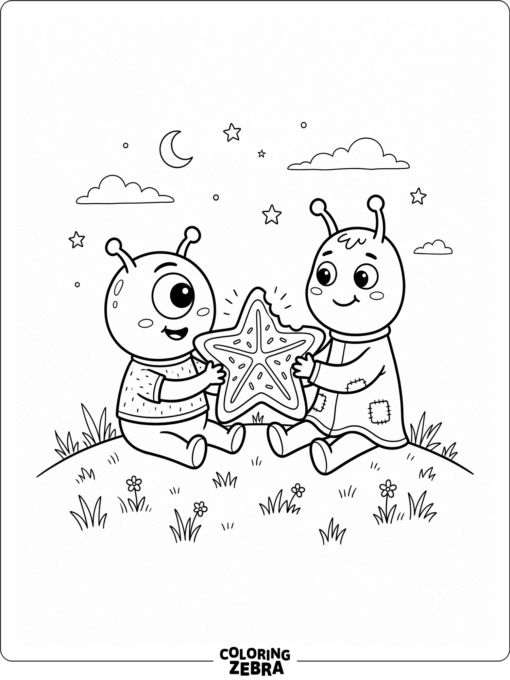Two aliens sitting together and sharing a snack