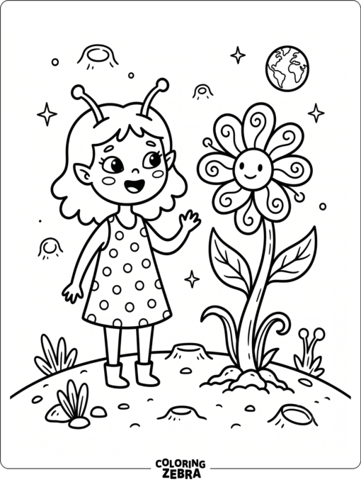 An alien girl in a dress beside a flower