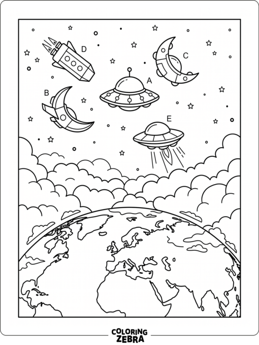 Alien ships flying toward Earth above the clouds