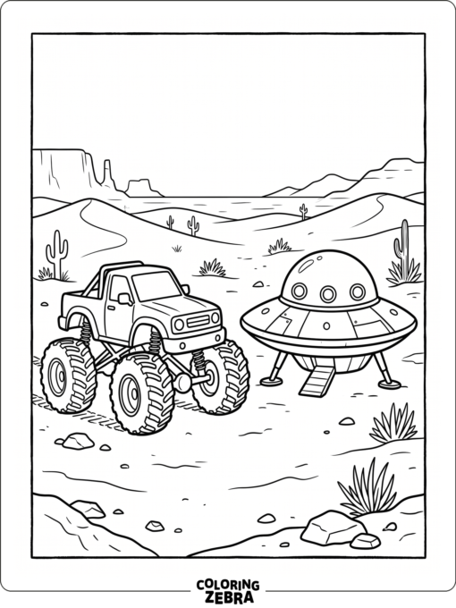 A monster truck facing an alien spaceship in the desert