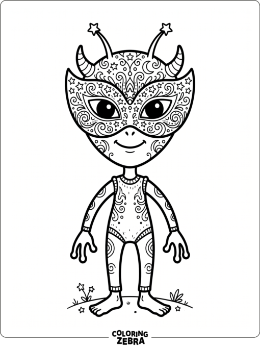 An alien wearing a decorative mask with stars