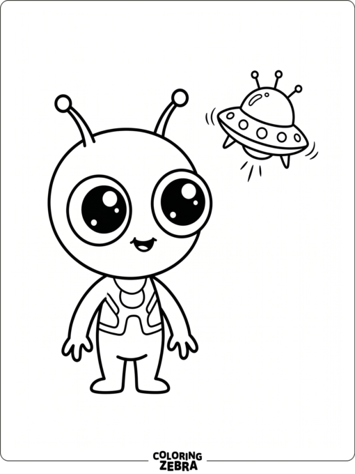 A simple alien outline with round eyes and a small spaceship