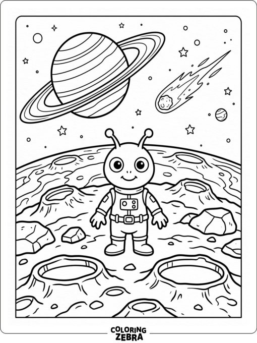 An alien standing on a planet with rings and a comet