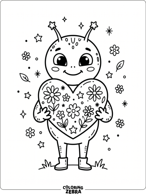 An alien holding a heart with flowers