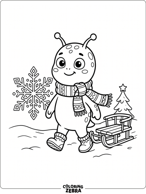 An alien wearing a scarf beside a snowflake