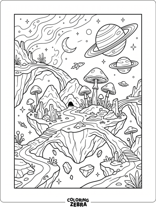 A floating alien world with hills and planets