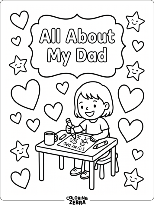 A kid-friendly page with a portrait frame, little hearts, and space to write about dad