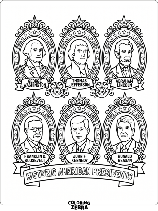 Historic presidents shown in simple oval frames