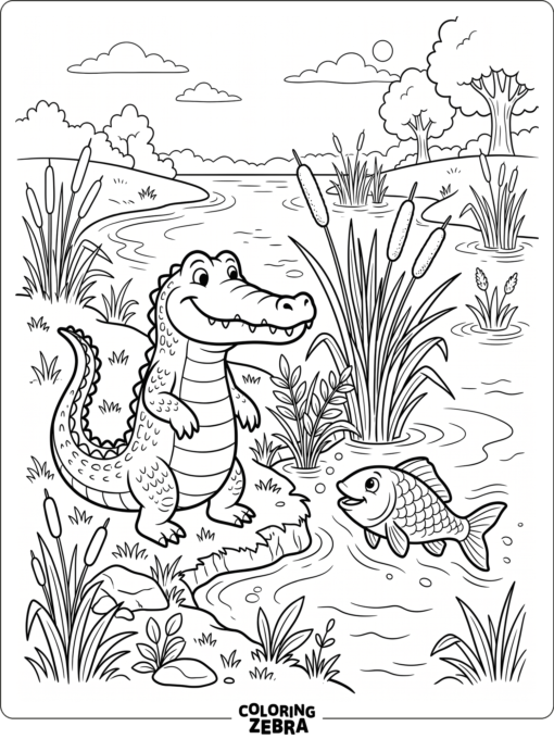 A smiling alligator beside a fish