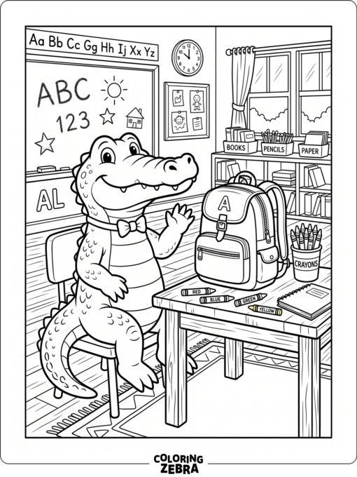 A friendly alligator with a backpack and crayons