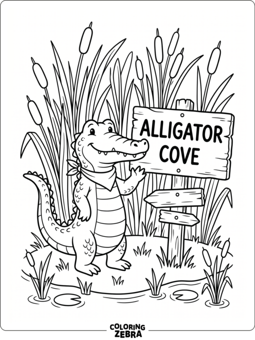 A smiling alligator beside a sign and cattails
