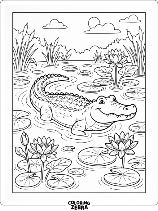 A smiling alligator floating among lily pads