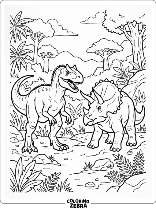 An allosaurus and triceratops facing each other