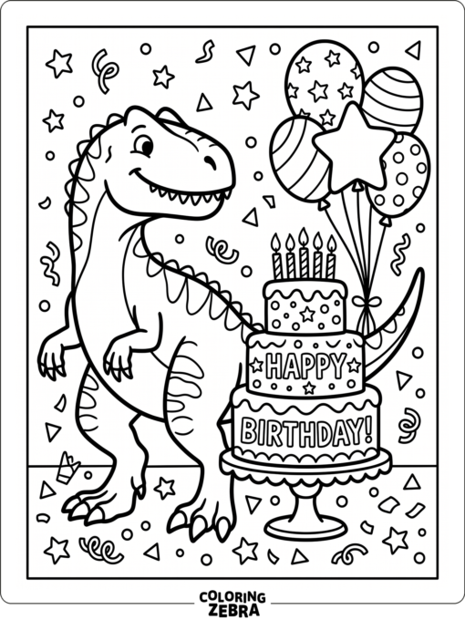 An allosaurus next to a birthday cake