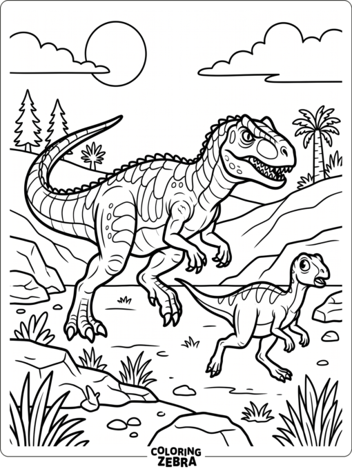 An allosaurus chasing a smaller dinosaur