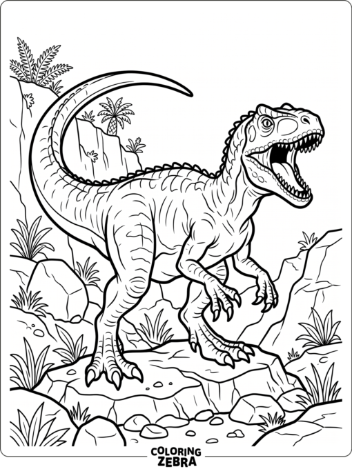 A fierce allosaurus stands on rocky ground with bold outlines and open space around it