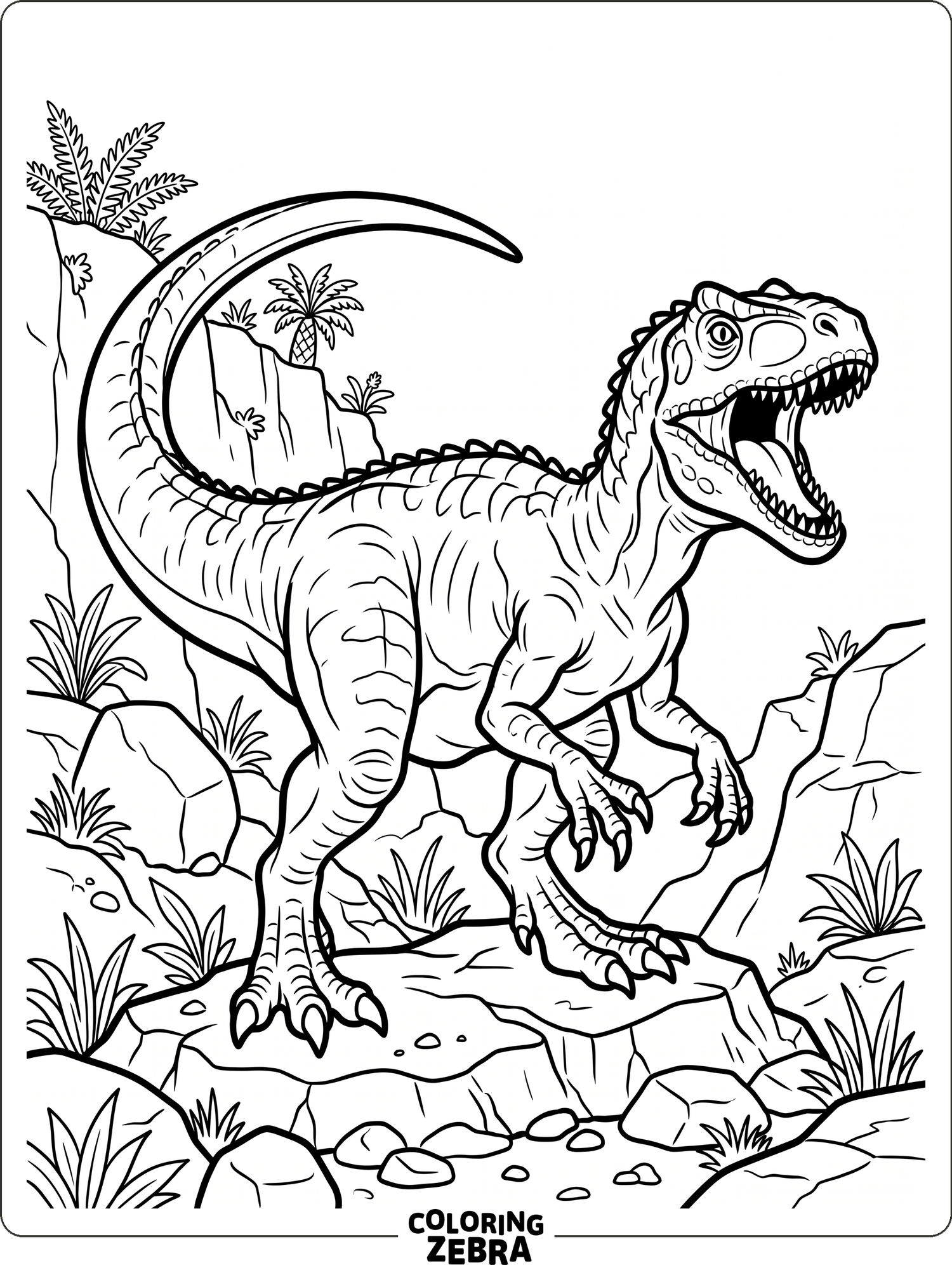A fierce allosaurus stands on rocky ground with bold outlines and open space around it