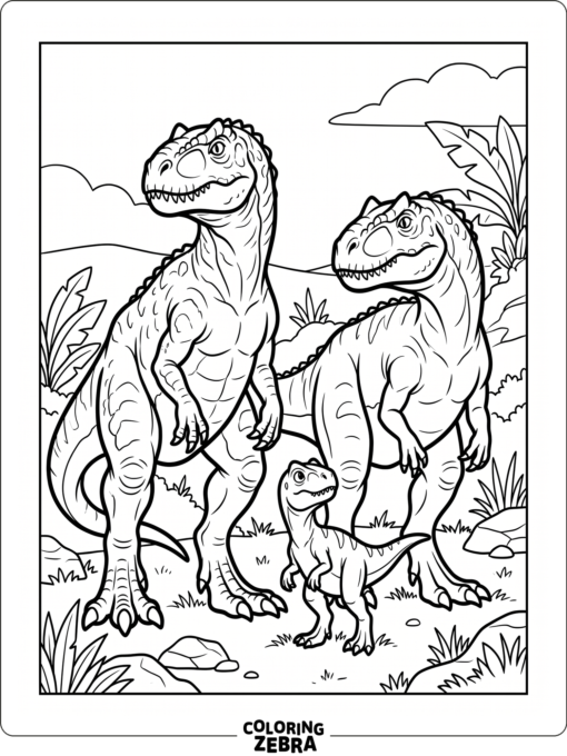 A family of allosaurus dinosaurs standing together