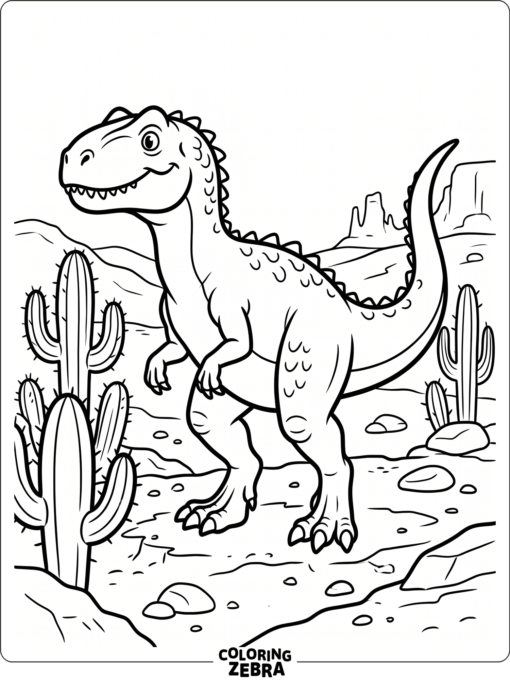 An allosaurus in a dry desert with cacti