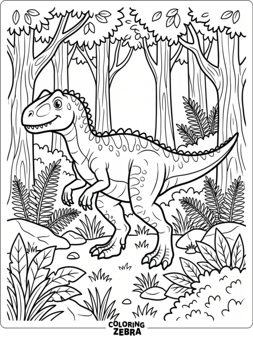An allosaurus in a forest with ferns and tree trunks