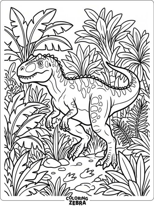 An allosaurus walking through a jungle of large leaves