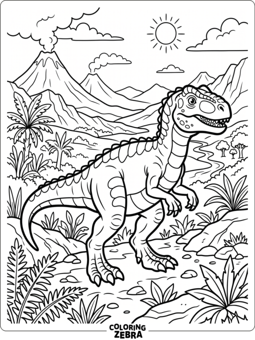 An allosaurus in a prehistoric landscape with ferns