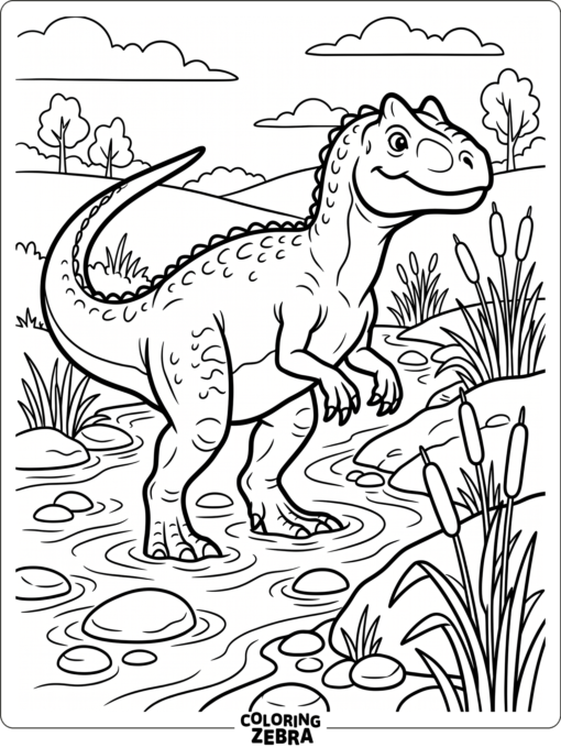 An allosaurus wading through a shallow river