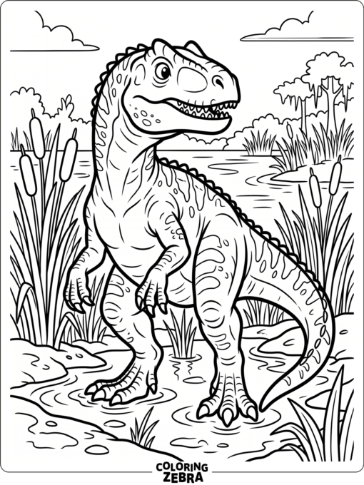 An allosaurus in a swamp with reeds and water