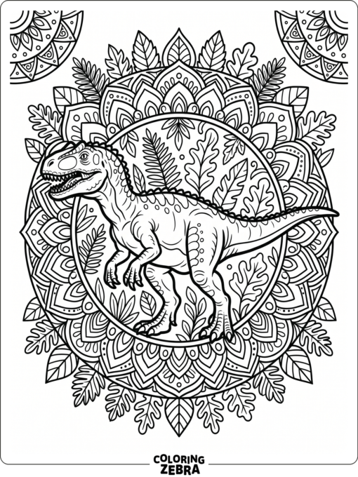 An allosaurus surrounded by mandala patterns