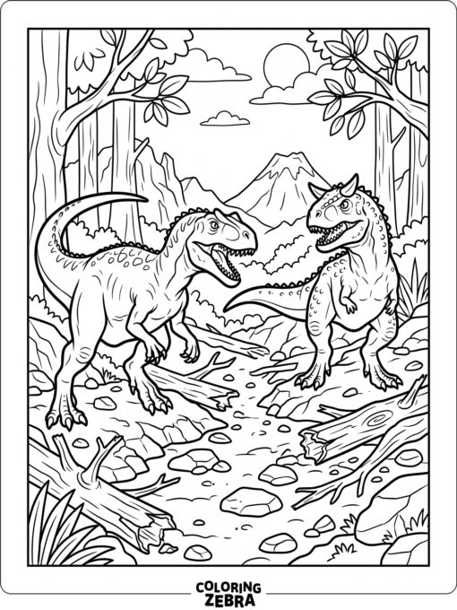 An allosaurus and carnotaurus facing off near fallen logs