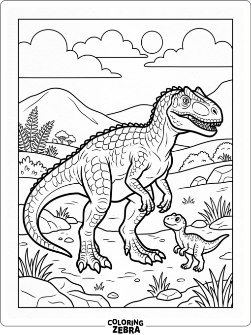 An allosaurus standing with a baby dinosaur nearby