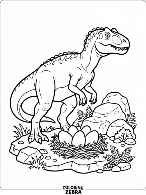 An allosaurus standing beside a nest of eggs