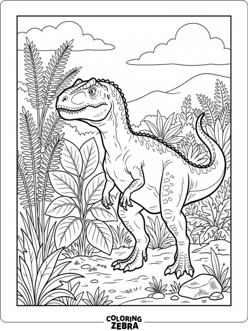 An allosaurus beside ferns and leaves