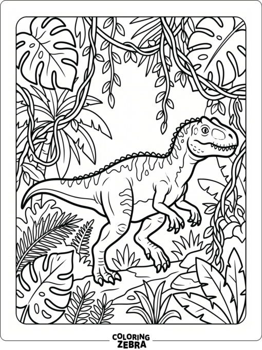 An allosaurus among hanging jungle vines