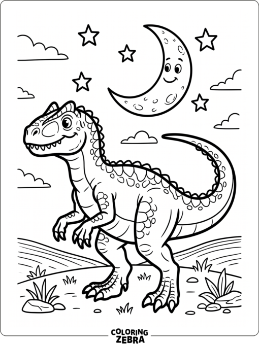 An allosaurus beneath a crescent moon