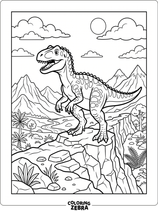 An allosaurus standing with mountains in the distance