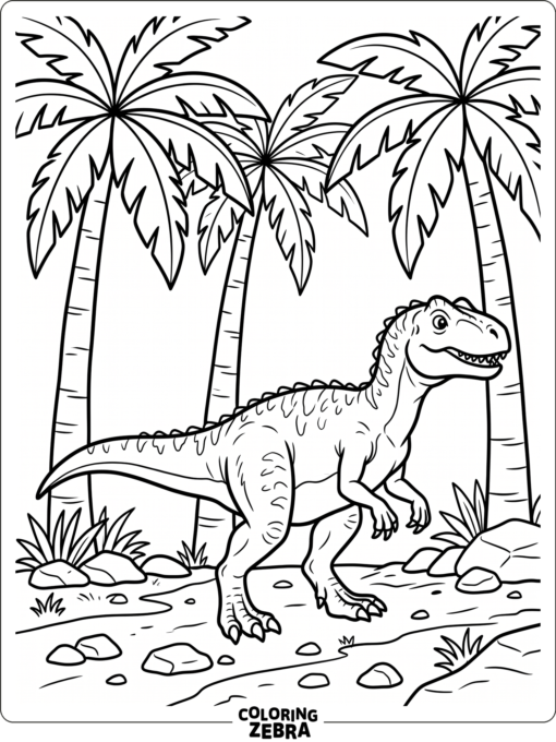 An allosaurus standing under tall palm trees