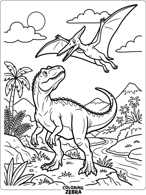 An allosaurus looking up at a pterodactyl