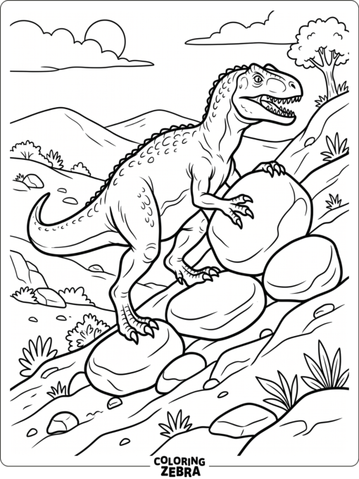 An allosaurus on rocks in a bare hillside