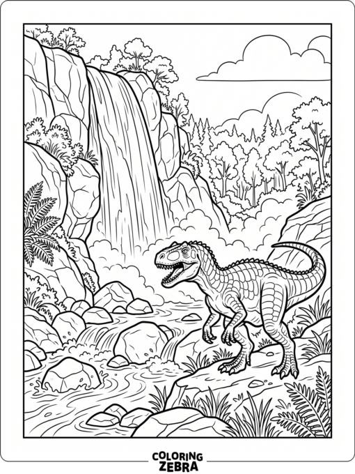 An allosaurus standing near a waterfall and rocky stream