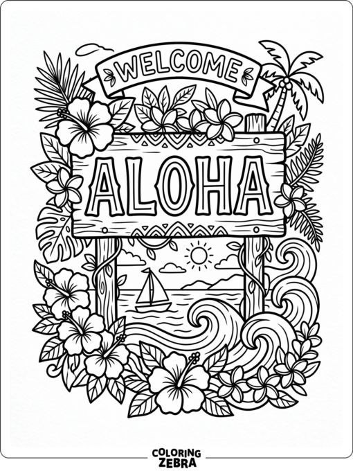 A welcome sign with flowers, waves, and aloha lettering