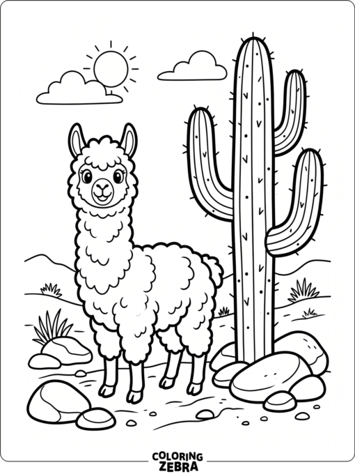 An alpaca standing beside a cactus in the desert