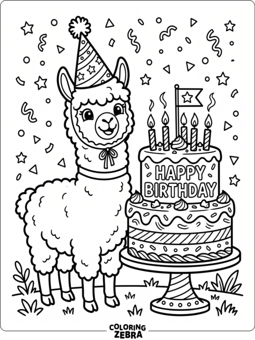 An alpaca wearing a party hat beside a birthday cake
