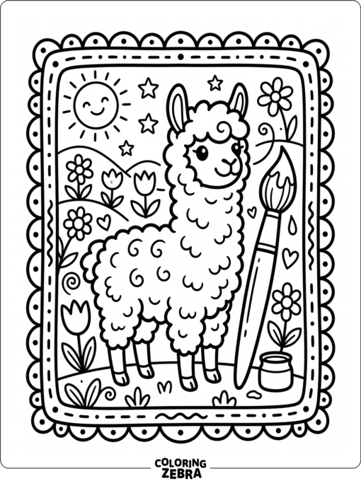 An alpaca beside paintbrushes and flower doodles
